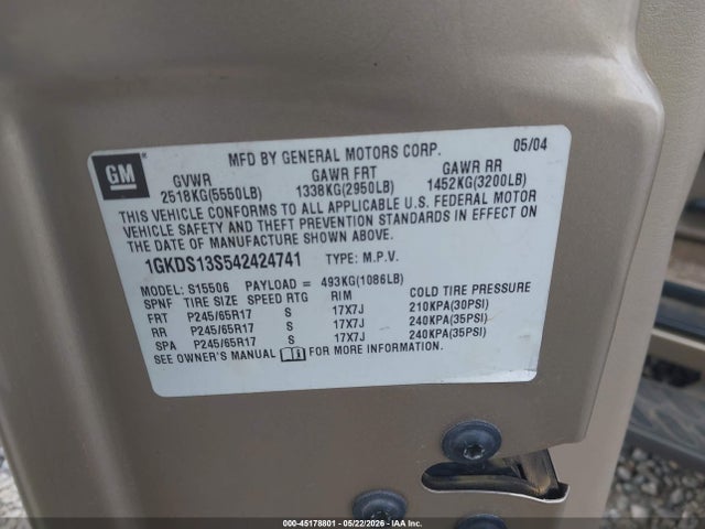 Aukcja sprzedaży 2004 Gmc Envoy Sle, vin: 1GKDS13S542424741, numer aukcji: 45178801