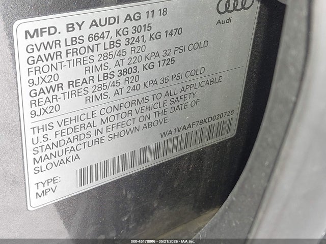 Продажа на аукционе авто 2019 Audi Q7 55 Premium, vin: WA1VAAF78KD020726, номер лота: 45178806