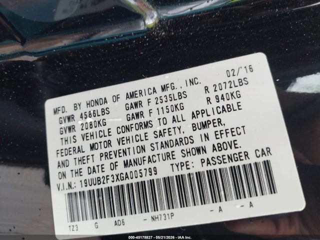 45178827 :رقم المزاد ، 19UUB2F3XGA005799 vin ، 2016 Acura Tlx V6 مزاد بيع