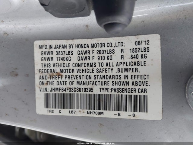 2012 Honda Civic Hybrid მანქანა იყიდება აუქციონზე, vin: JHMFB4F33CS010395, აუქციონის ნომერი: 45178829
