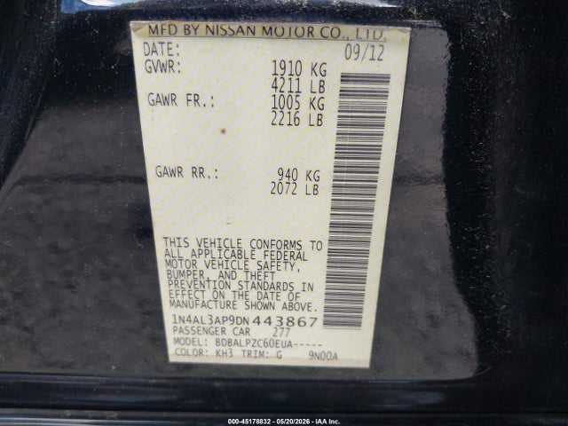45178832 :رقم المزاد ، 1N4AL3AP9DN443867 vin ، 2013 Nissan Altima 2.5 مزاد بيع
