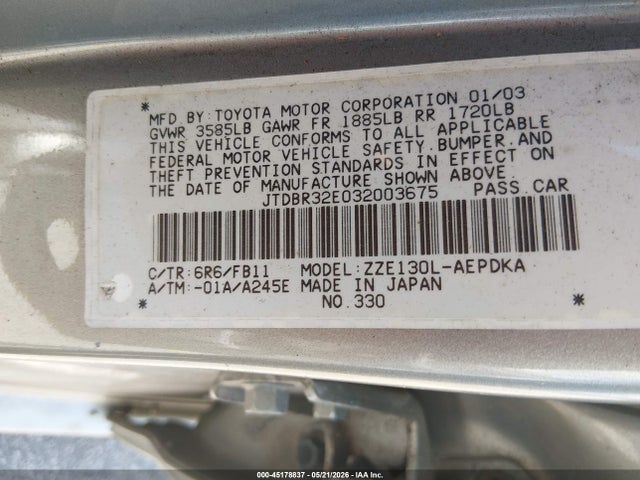 Продаж на аукціоні авто 2003 Toyota Corolla Ce, vin: JTDBR32E032003675, номер лоту: 45178837