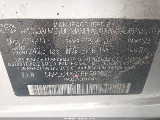 2011 Hyundai Sonata Limited მანქანა იყიდება აუქციონზე, vin: 5NPEC4AC9BH297885, აუქციონის ნომერი: 45178844