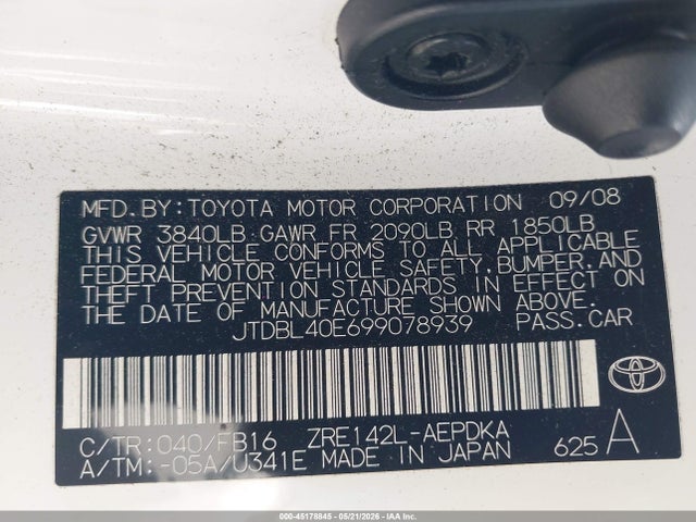 Продаж на аукціоні авто 2009 Toyota Corolla, vin: JTDBL40E699078939, номер лоту: 45178845
