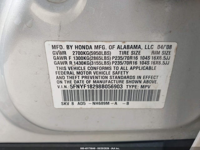 45178849 :رقم المزاد ، 5FNYF18298B056903 vin ، 2008 Honda Pilot Vp مزاد بيع