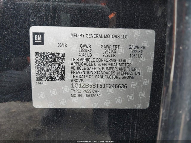 Aukcja sprzedaży 2018 Chevrolet Malibu 1ls, vin: 1G1ZB5ST5JF246636, numer aukcji: 45178847
