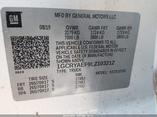 Продаж на аукціоні авто 2020 Chevrolet Silverado 1500 4wd  Standard Bed Wt, vin: 1GCRYAEF9LZ103212, номер лоту: 45178859