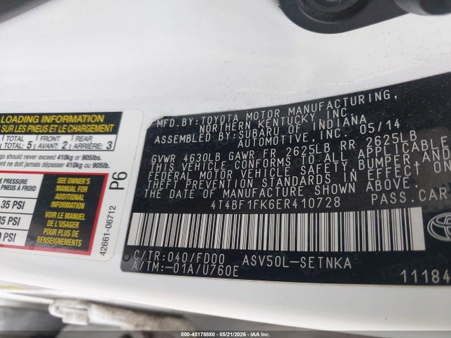 45178880 :رقم المزاد ، 4T4BF1FK6ER410728 vin ، 2014 Toyota Camry Le مزاد بيع