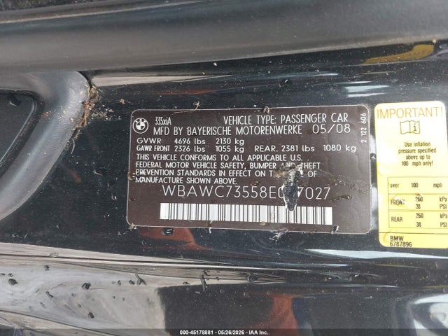 Aukcja sprzedaży 2008 Bmw 335xi, vin: WBAWC73558E067027, numer aukcji: 45178881