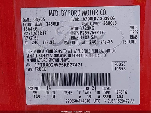 45178885 :رقم المزاد ، 1FTRX02W95KE27421 vin ، 2005 Ford F-150 Stx/xlt مزاد بيع