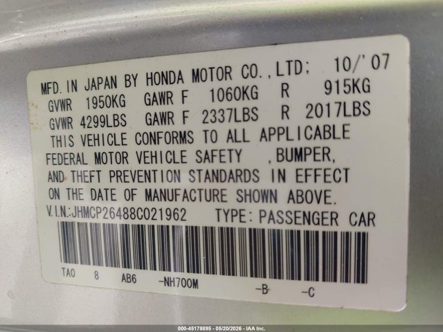 Aukcja sprzedaży 2008 Honda Accord 2.4 Lx-p, vin: JHMCP26488C021962, numer aukcji: 45178895