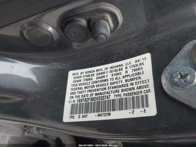 2013 Honda Civic Lx მანქანა იყიდება აუქციონზე, vin: 19XFB2F58DE033747, აუქციონის ნომერი: 45178901