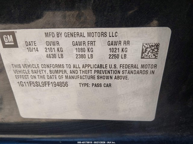 Продаж на аукціоні авто 2015 Chevrolet Malibu 1lz, vin: 1G11F5SL9FF194856, номер лоту: 45178919