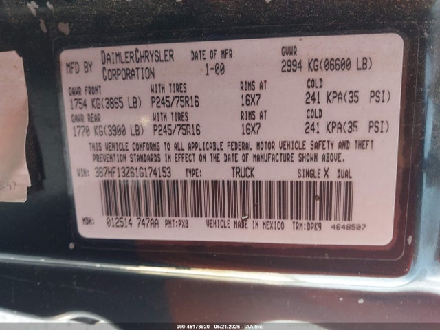 Продаж на аукціоні авто 2001 Dodge Ram 1500 St, vin: 3B7HF13Z61G174153, номер лоту: 45178920