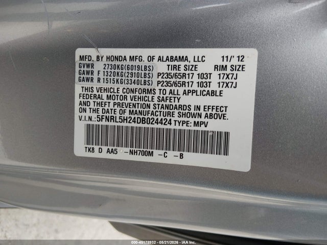 2013 Honda Odyssey Lx მანქანა იყიდება აუქციონზე, vin: 5FNRL5H24DB024424, აუქციონის ნომერი: 45178932