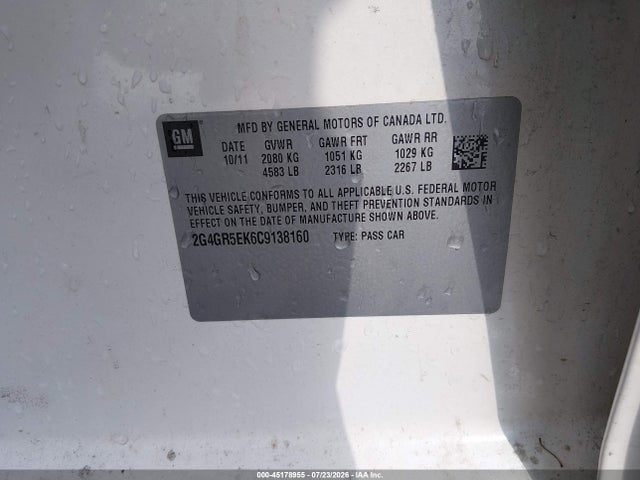 2012 Buick Regal მანქანა იყიდება აუქციონზე, vin: 2G4GR5EK6C9138160, აუქციონის ნომერი: 45178955