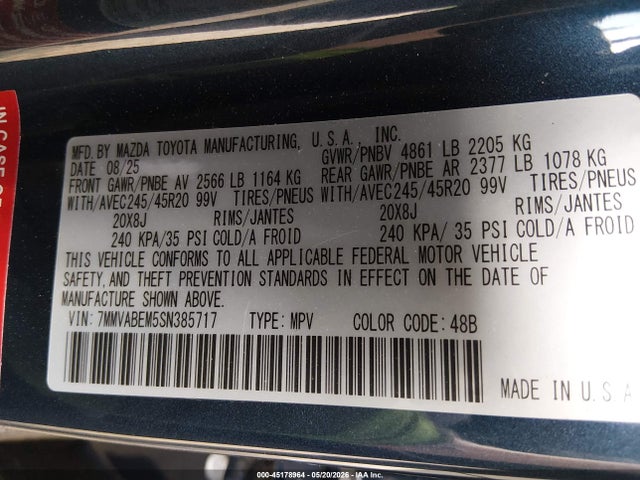 45178964 :رقم المزاد ، 7MMVABEM5SN385717 vin ، 2025 Mazda Cx-50 2.5 S Premium Plus Package مزاد بيع