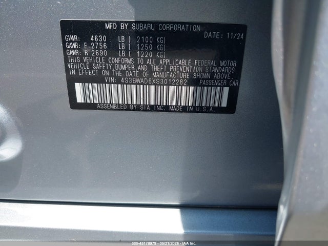2025 Subaru Legacy Premium მანქანა იყიდება აუქციონზე, vin: 4S3BWAD6XS3012282, აუქციონის ნომერი: 45178979