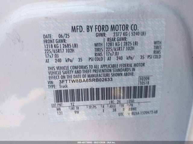 2025 Ford Maverick Xl მანქანა იყიდება აუქციონზე, vin: 3FTTW8BA6SRB02633, აუქციონის ნომერი: 45178980