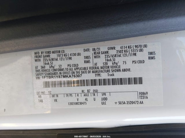 Aukcja sprzedaży 2021 Ford Transit-250, vin: 1FTBR1Y87MKA76307, numer aukcji: 45178987