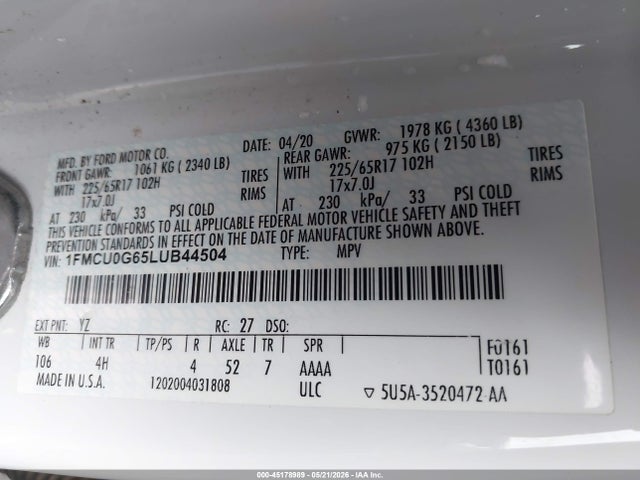Aukcja sprzedaży 2020 Ford Escape Se, vin: 1FMCU0G65LUB44504, numer aukcji: 45178989