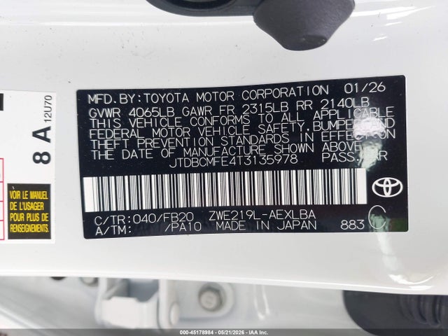 45178984 :رقم المزاد ، JTDBCMFE4T3135978 vin ، 2026 Toyota Corolla Hybrid Hybrid Le مزاد بيع