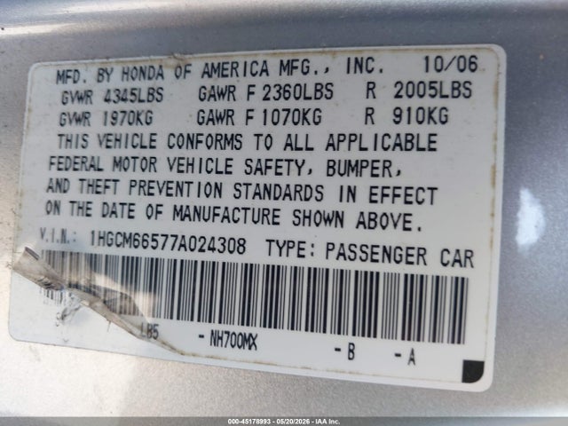 Aukcja sprzedaży 2007 Honda Accord 3.0 Ex, vin: 1HGCM66577A024308, numer aukcji: 45178993