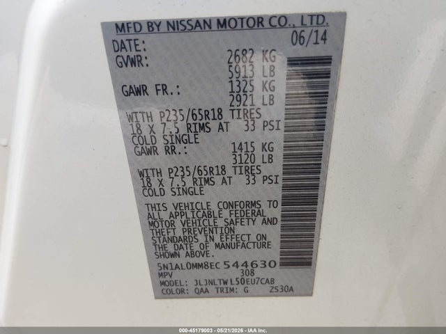 45179003 :رقم المزاد ، 5N1AL0MM8EC544630 vin ، 2014 Infiniti Qx60 مزاد بيع