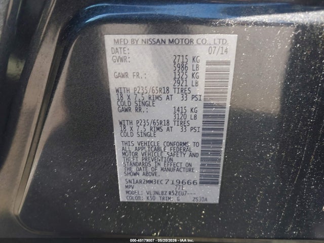 Aukcja sprzedaży 2014 Nissan Pathfinder S, vin: 5N1AR2MM3EC719666, numer aukcji: 45179007