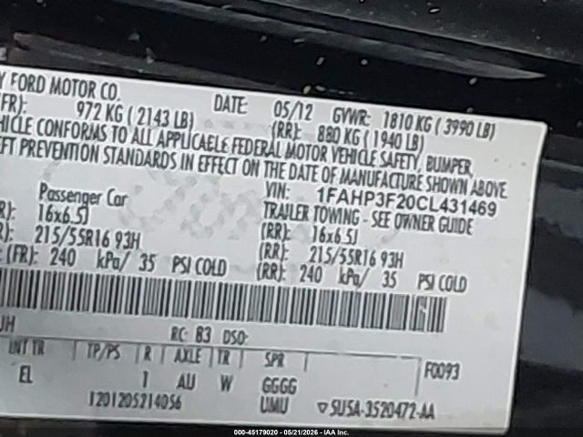 Aukcja sprzedaży 2012 Ford Focus Se, vin: 1FAHP3F20CL431469, numer aukcji: 45179020
