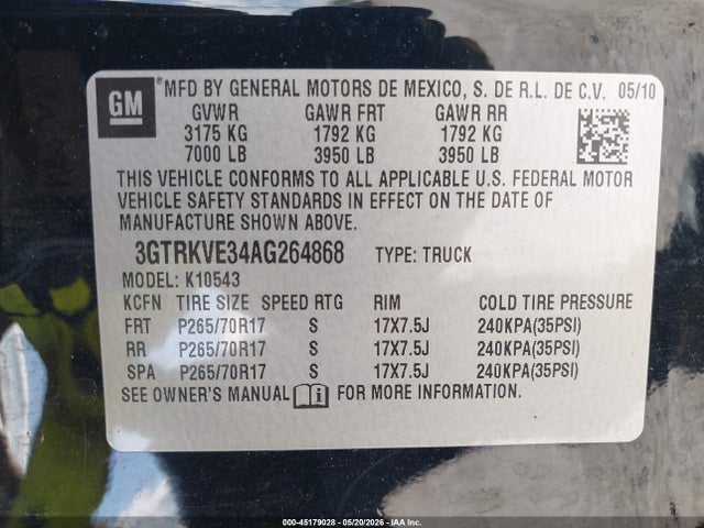 Продаж на аукціоні авто 2010 Gmc Sierra 1500 Sle, vin: 3GTRKVE34AG264868, номер лоту: 45179028