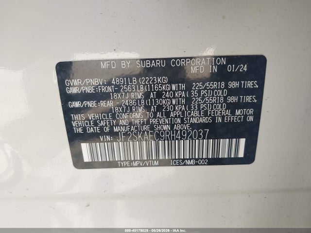 Aukcja sprzedaży 2024 Subaru Forester Sport, vin: JF2SKAEC9RH492037, numer aukcji: 45179029