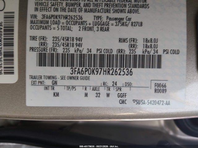 Продаж на аукціоні авто 2017 Ford Fusion Titanium, vin: 3FA6P0K97HR262536, номер лоту: 45179035