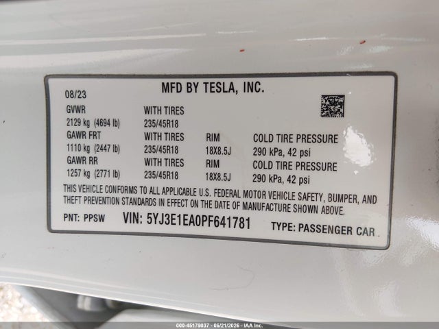 Продажа на аукционе авто 2023 Tesla Model 3 Rear-wheel Drive, vin: 5YJ3E1EA0PF641781, номер лота: 45179037