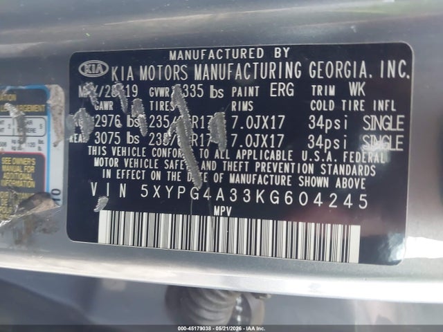 Aukcja sprzedaży 2019 Kia Sorento 2.4l L, vin: 5XYPG4A33KG604245, numer aukcji: 45179038