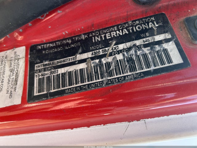 45179043 :رقم المزاد ، 1HTMMAAL94H673187 vin ، 2004 International 4000 4300 مزاد بيع