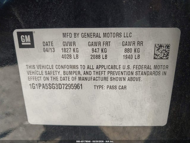 Продажа на аукционе авто 2013 Chevrolet Cruze Ls Auto, vin: 1G1PA5SG3D7295961, номер лота: 45179046