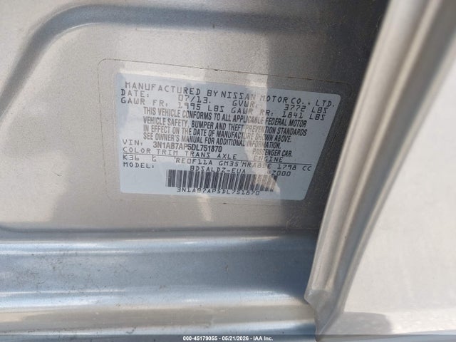 2013 Nissan Sentra Sv მანქანა იყიდება აუქციონზე, vin: 3N1AB7AP5DL751870, აუქციონის ნომერი: 45179055