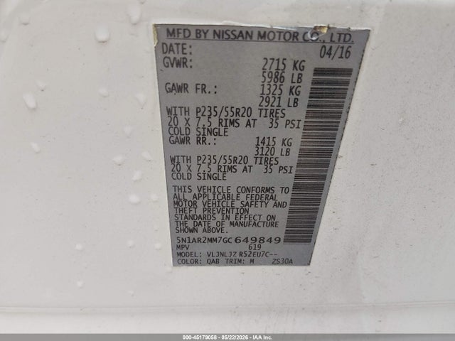 Aukcja sprzedaży 2016 Nissan Pathfinder Platinum, vin: 5N1AR2MM7GC649849, numer aukcji: 45179058
