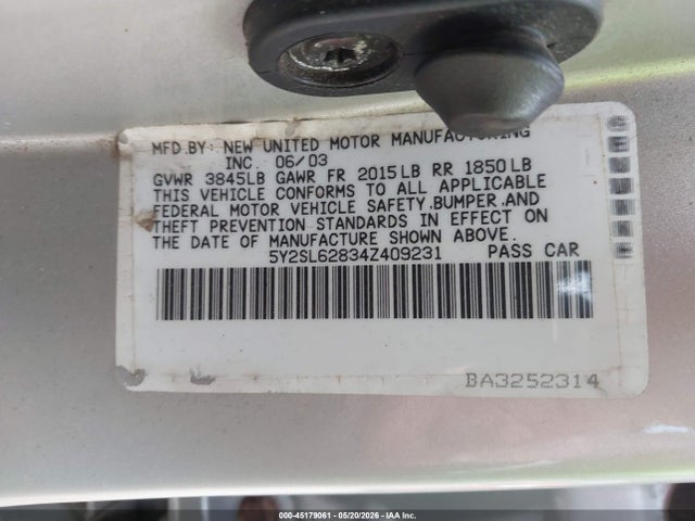 2004 Pontiac Vibe მანქანა იყიდება აუქციონზე, vin: 5Y2SL62834Z409231, აუქციონის ნომერი: 45179061