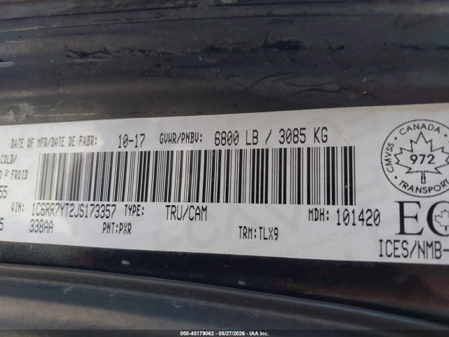 2018 Ram 1500 Rebel მანქანა იყიდება აუქციონზე, vin: 1C6RR7YT2JS173357, აუქციონის ნომერი: 45179062