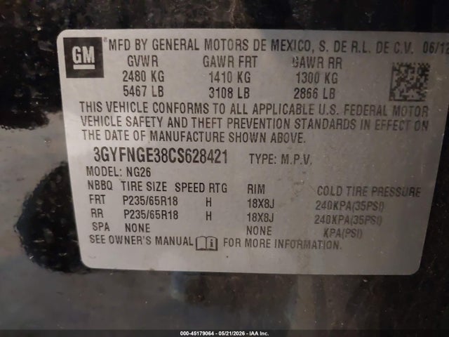 2012 Cadillac Srx Standard მანქანა იყიდება აუქციონზე, vin: 3GYFNGE38CS628421, აუქციონის ნომერი: 45179064