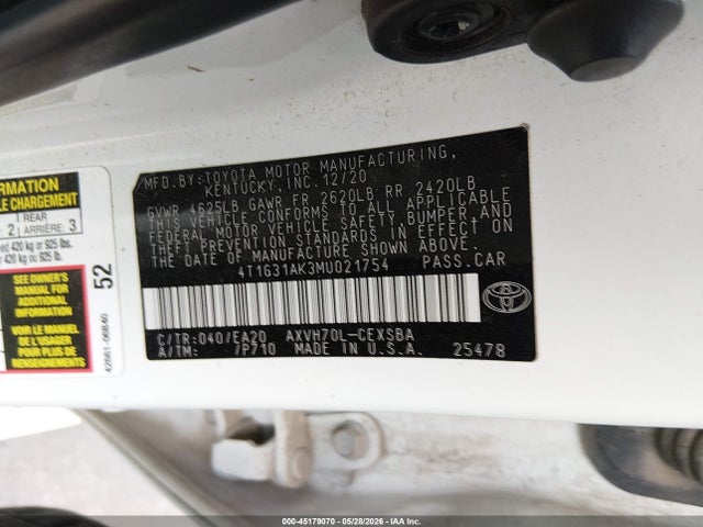 Aukcja sprzedaży 2021 Toyota Camry Se Hybrid, vin: 4T1G31AK3MU021754, numer aukcji: 45179070