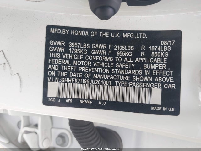 Продажа на аукционе авто 2018 Honda Civic Sport Touring, vin: SHHFK7H96JU201001, номер лота: 45179077
