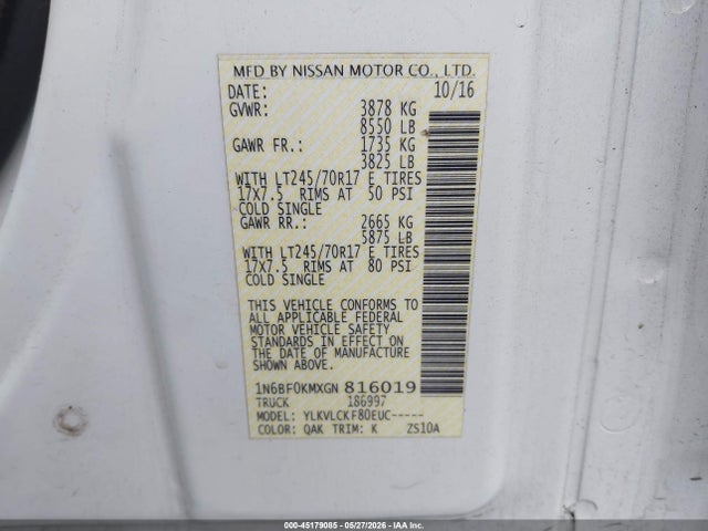 Aukcja sprzedaży 2016 Nissan Nv Cargo Nv1500 S V6/sv V6, vin: 1N6BF0KMXGN816019, numer aukcji: 45179085