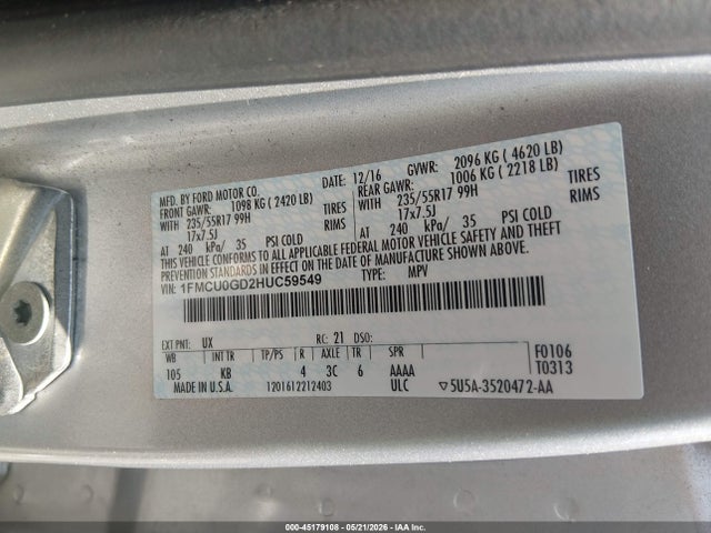 45179108 :رقم المزاد ، 1FMCU0GD2HUC59549 vin ، 2017 Ford Escape Se مزاد بيع