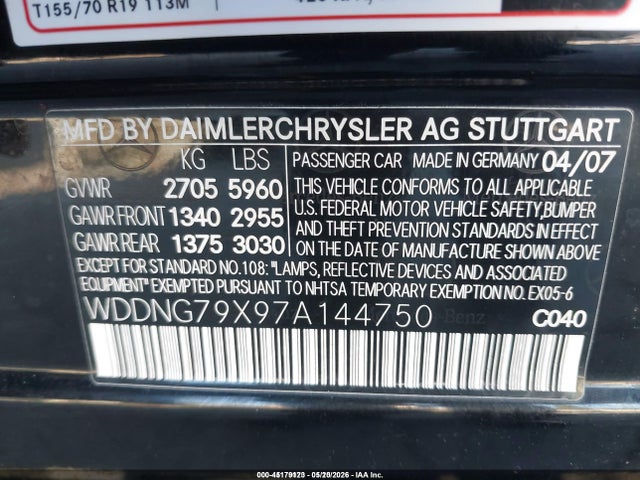 Aukcja sprzedaży 2007 Mercedes-benz S 65 Amg, vin: WDDNG79X97A144750, numer aukcji: 45179123