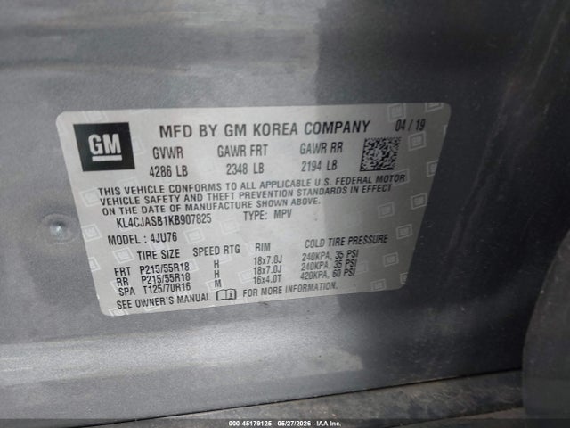 2019 Buick Encore Fwd Preferred მანქანა იყიდება აუქციონზე, vin: KL4CJASB1KB907825, აუქციონის ნომერი: 45179125