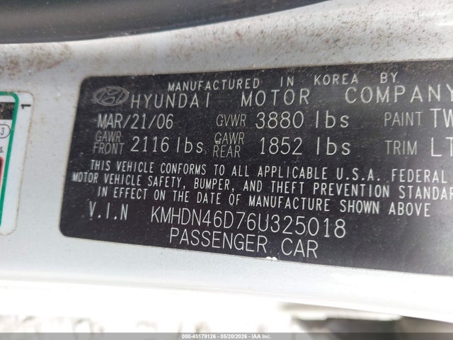 45179126 :رقم المزاد ، KMHDN46D76U325018 vin ، 2006 Hyundai Elantra Gls/limited مزاد بيع