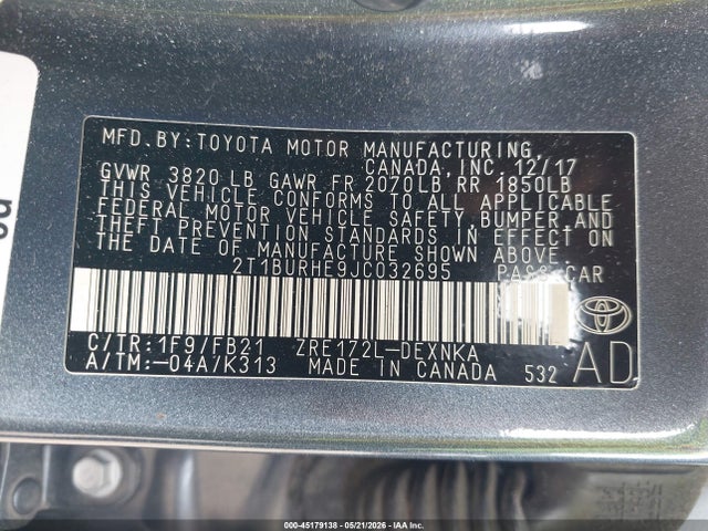 Aukcja sprzedaży 2018 Toyota Corolla Le, vin: 2T1BURHE9JC032695, numer aukcji: 45179138